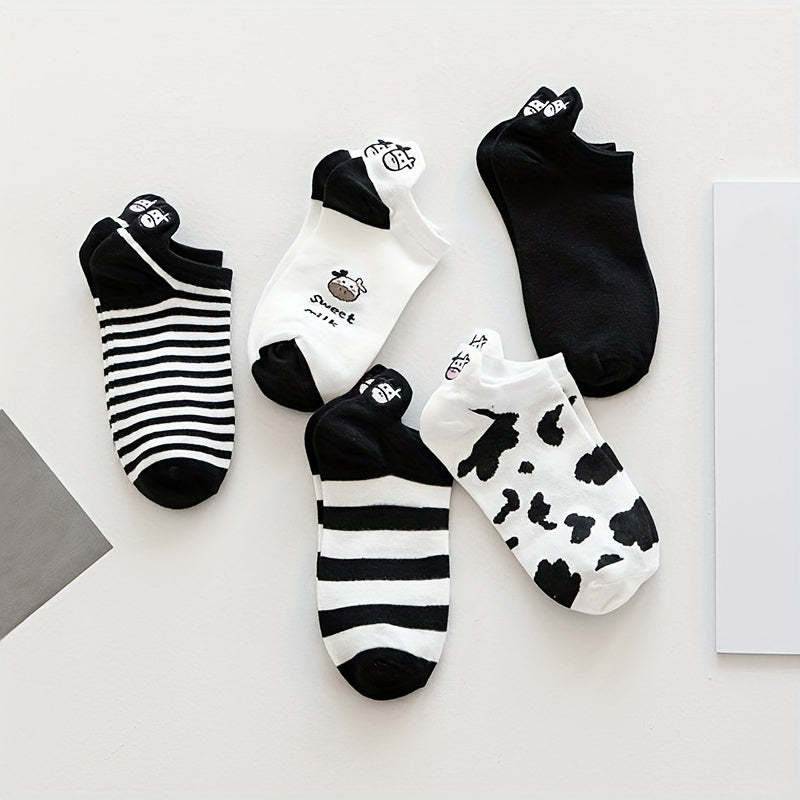 10 Pairs Cartoon Cow Print Socks & Low Cut Ankle Socks Women's Stockings