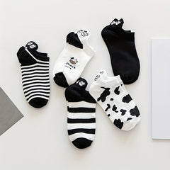 10 Pairs Cartoon Cow Print Socks & Low Cut Ankle Socks Women's Stockings