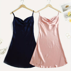Solid Satin Slip Nightdress V Neck Sleep Dress Women's Pajamas
