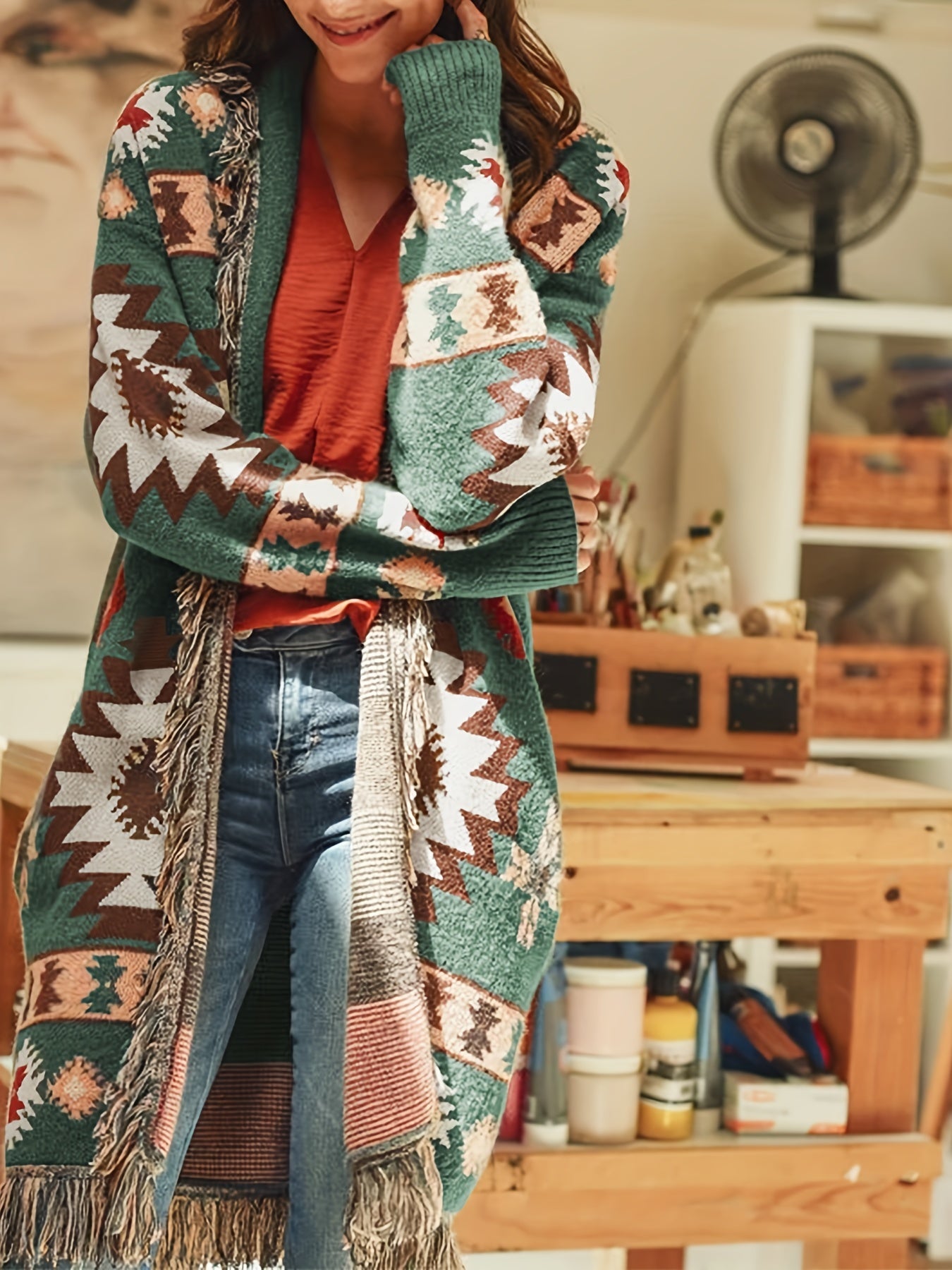 Boho Cardigan Women's Plus Colorblock Southwestern Print