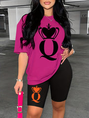 Crowned Q Print Matching Set Casual Short Sleeve T shirt & Biker Shorts
