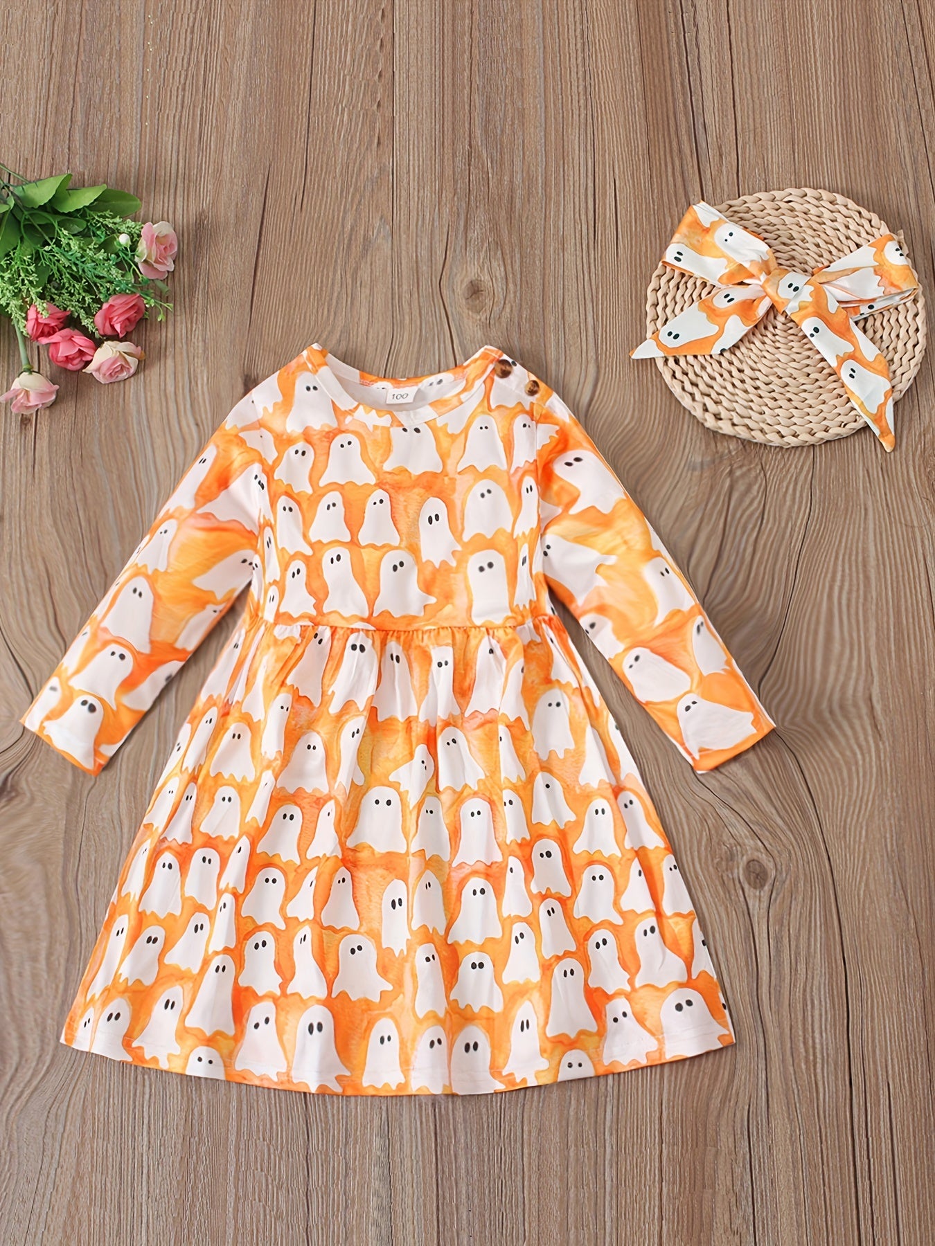 Girls Halloween Pumpkin Pattern Long-sleeved Dress Set
