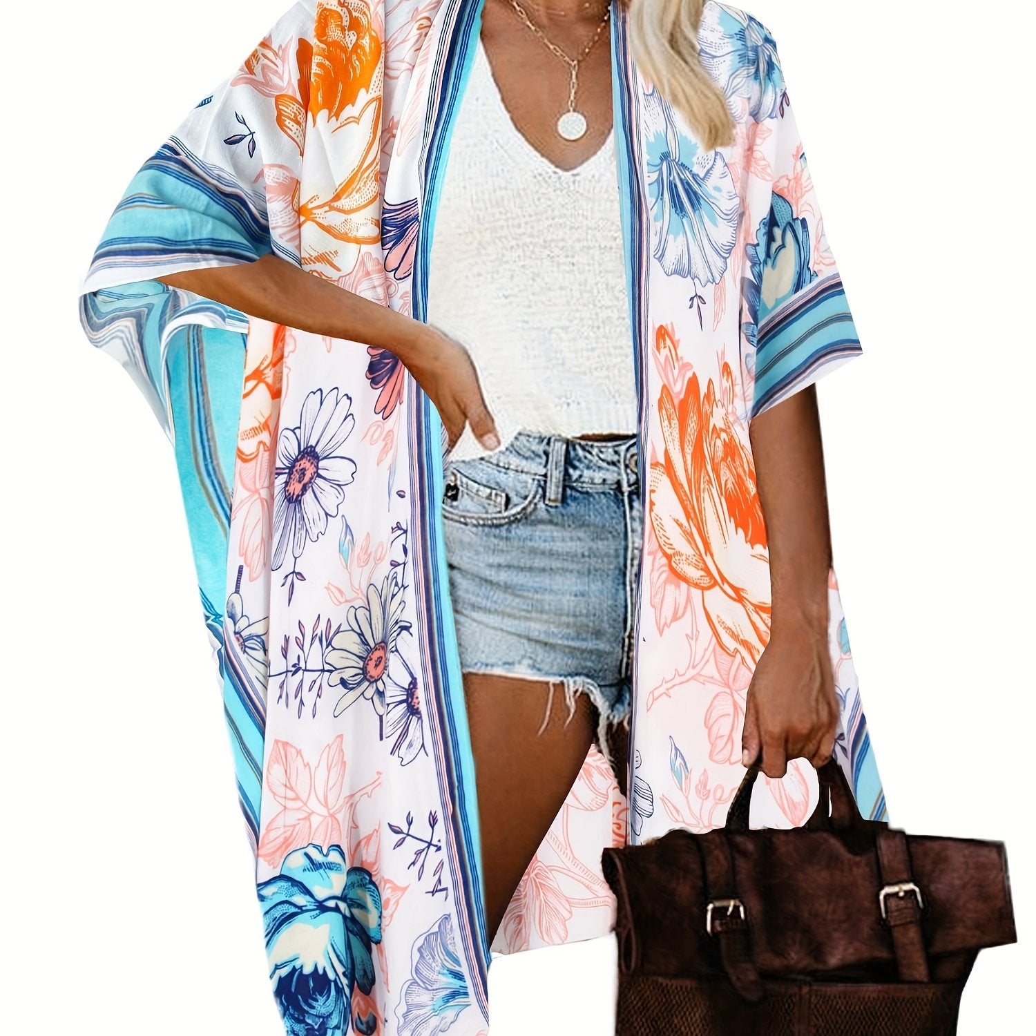 Casual Cover Up Floral & Stripe Print Bat Sleeve Kimono Shawl