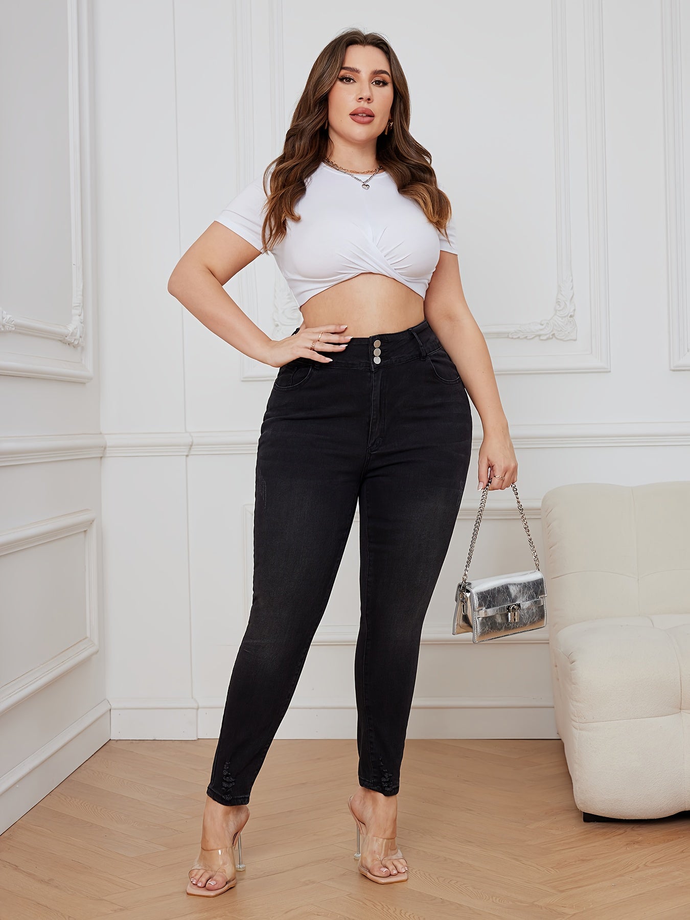 Sexy Jeans Women's Plus Button Fly High Waisted Skinny Jeans