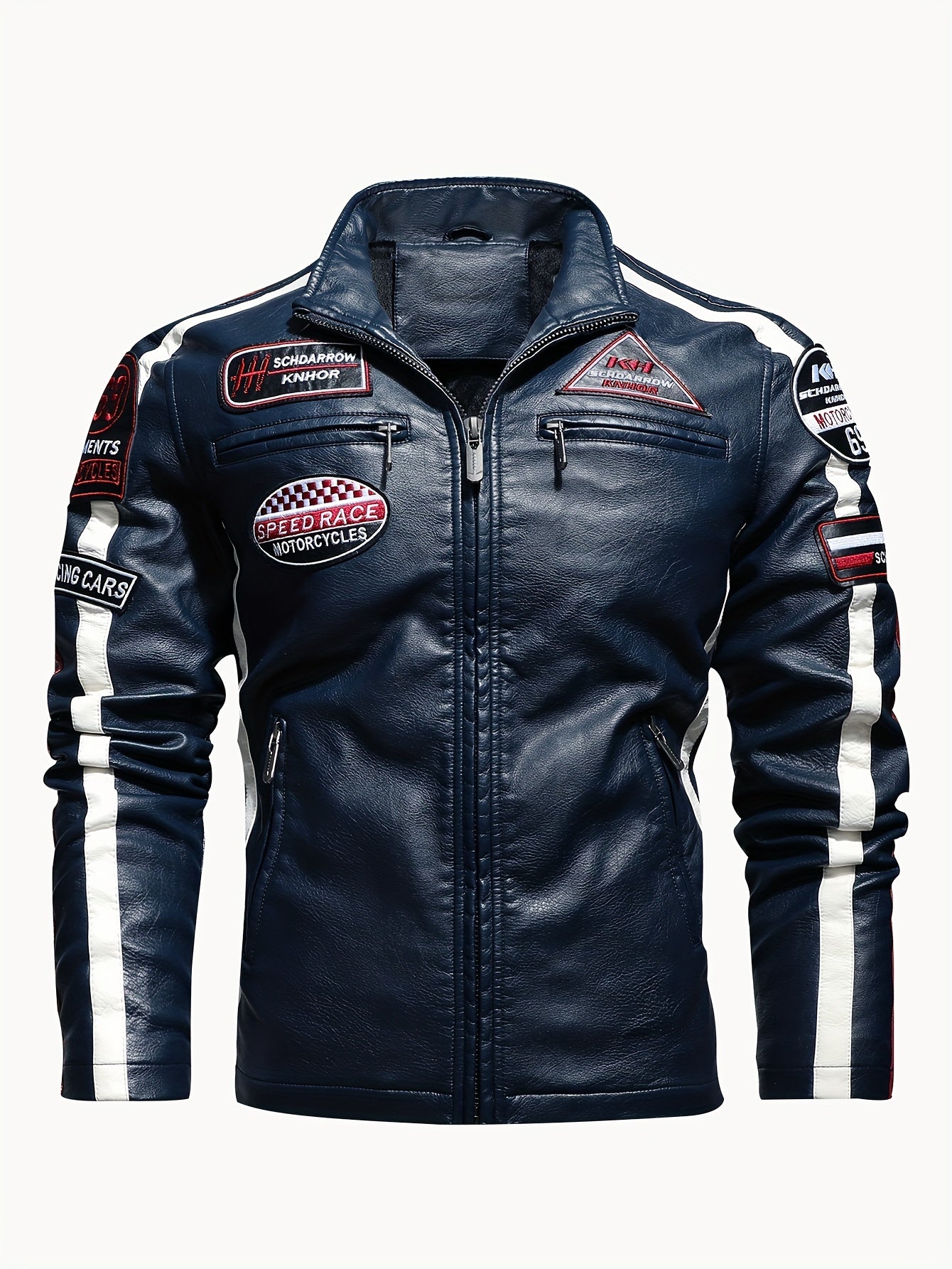 Men's PU Leather Cycling Zip Up Jacket Fleece Collar Motor Racer