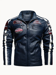 Men's PU Leather Cycling Zip Up Jacket Fleece Collar Motor Racer