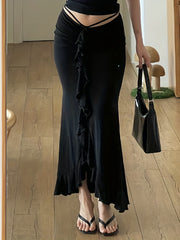 Ruffle Trim Ruched Skirt Asymmetrical Skirt For Spring & Summer Women