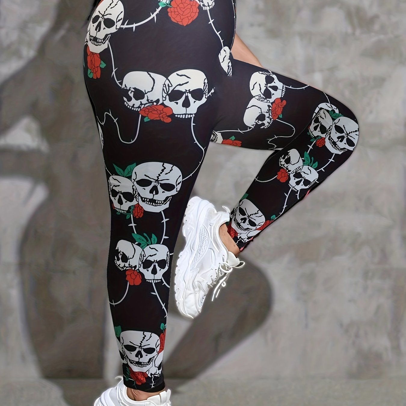 Rose Skull Print Sports Leggings Medium Stretch Fitness Leggings