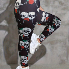 Rose Skull Print Sports Leggings Medium Stretch Fitness Leggings