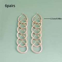 6 Pairs Golden Silver Glossy Tube Hoop Earrings Set for Daily Decoration