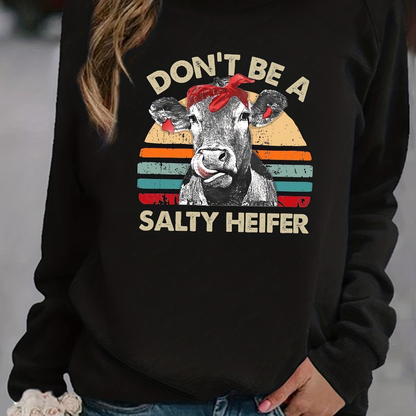 Salty Heifer Cow Print Sweatshirt Long Sleeve Crew Neck Casual Women's Clothing