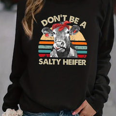 Salty Heifer Cow Print Sweatshirt Long Sleeve Crew Neck Casual Women's Clothing