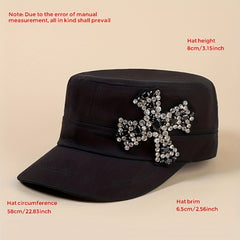 Rhinestone Cross Patch Baseball Cap Y2K Flat Hat Hip Hop Newsboy Hat