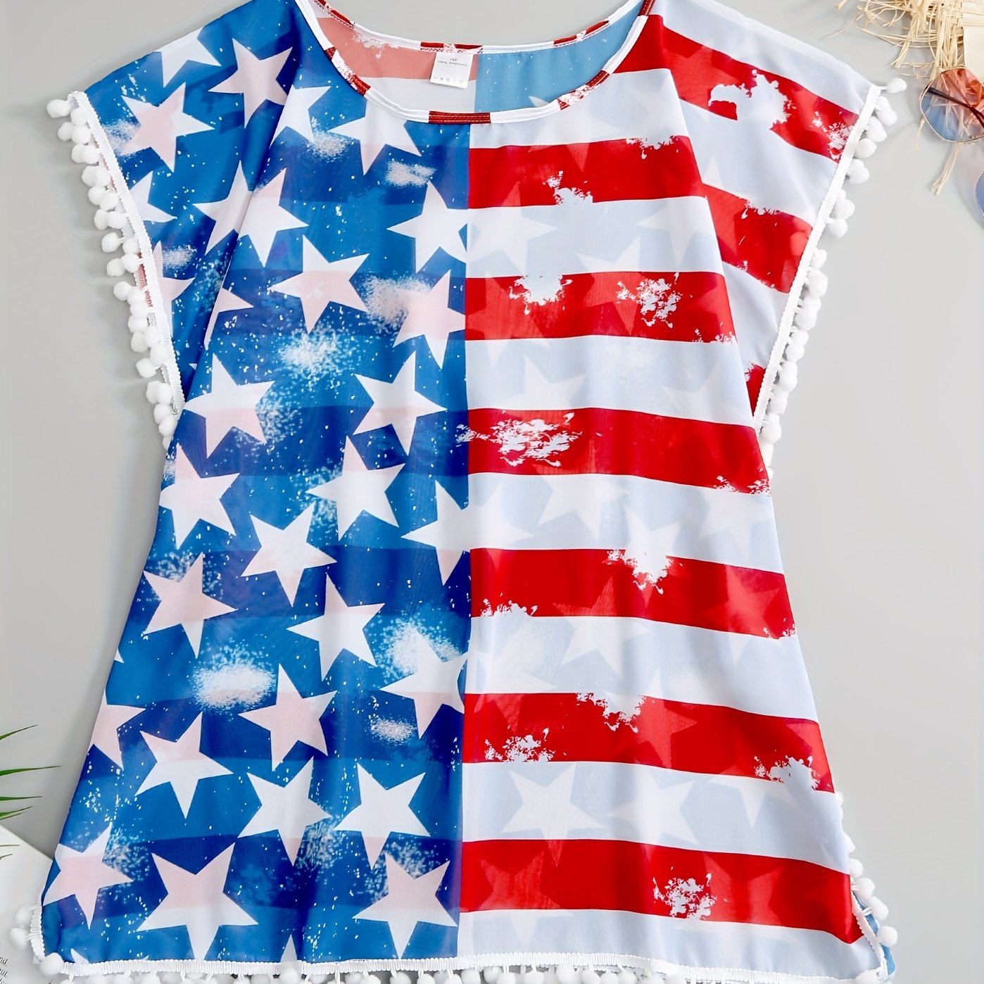 Flag Print Pompom Trim Cover Up for Plus Size