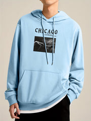 Men's CHICAGO Print Hooded Sweatshirt Long Sleeve Drawstrings Personalized Hoodi