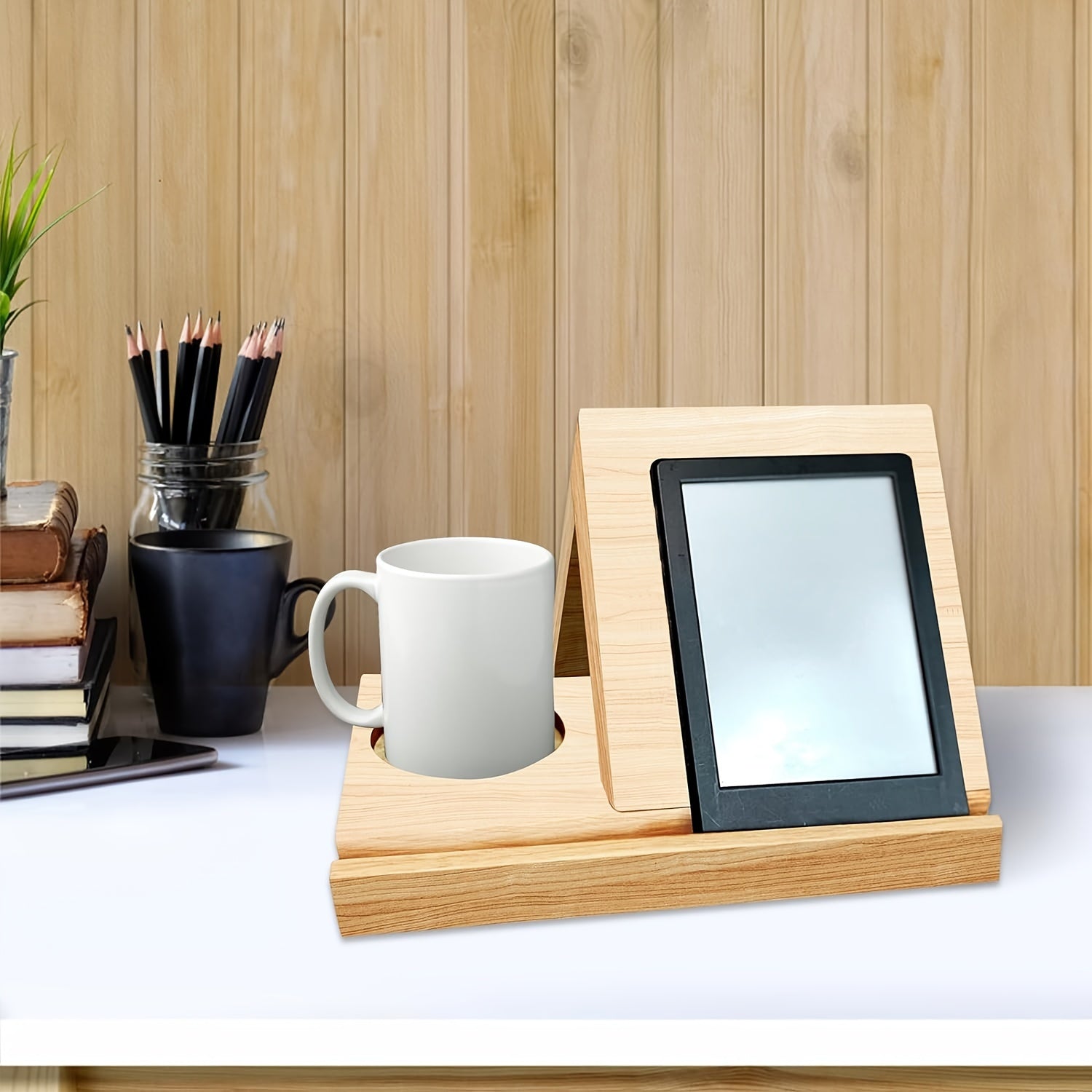 Wooden Triangle Book Stand with Cup Holder