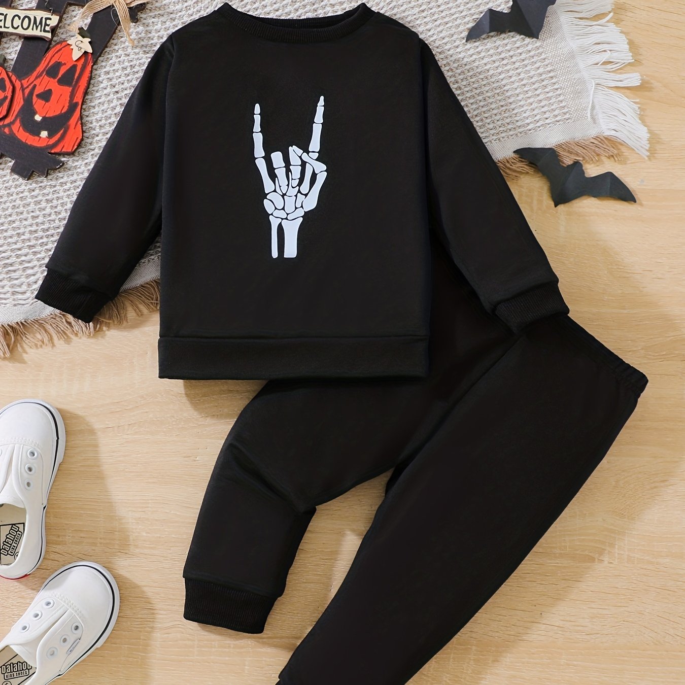 Baby Boys Skull Gesture Printed Sweatshirt Sweatpants 2pcs Set