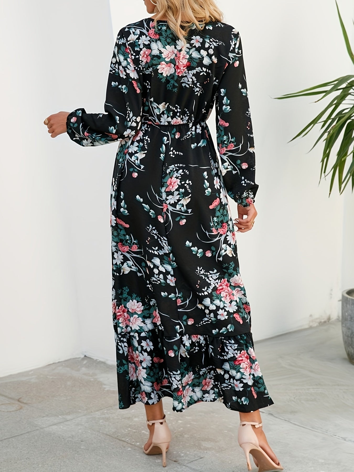 Floral Print Crew Neck Dress Long Sleeve for Spring & Fall