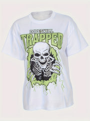 Halloween Skull Graphic T-shirt Women Round Neck Short Sleeve Tee