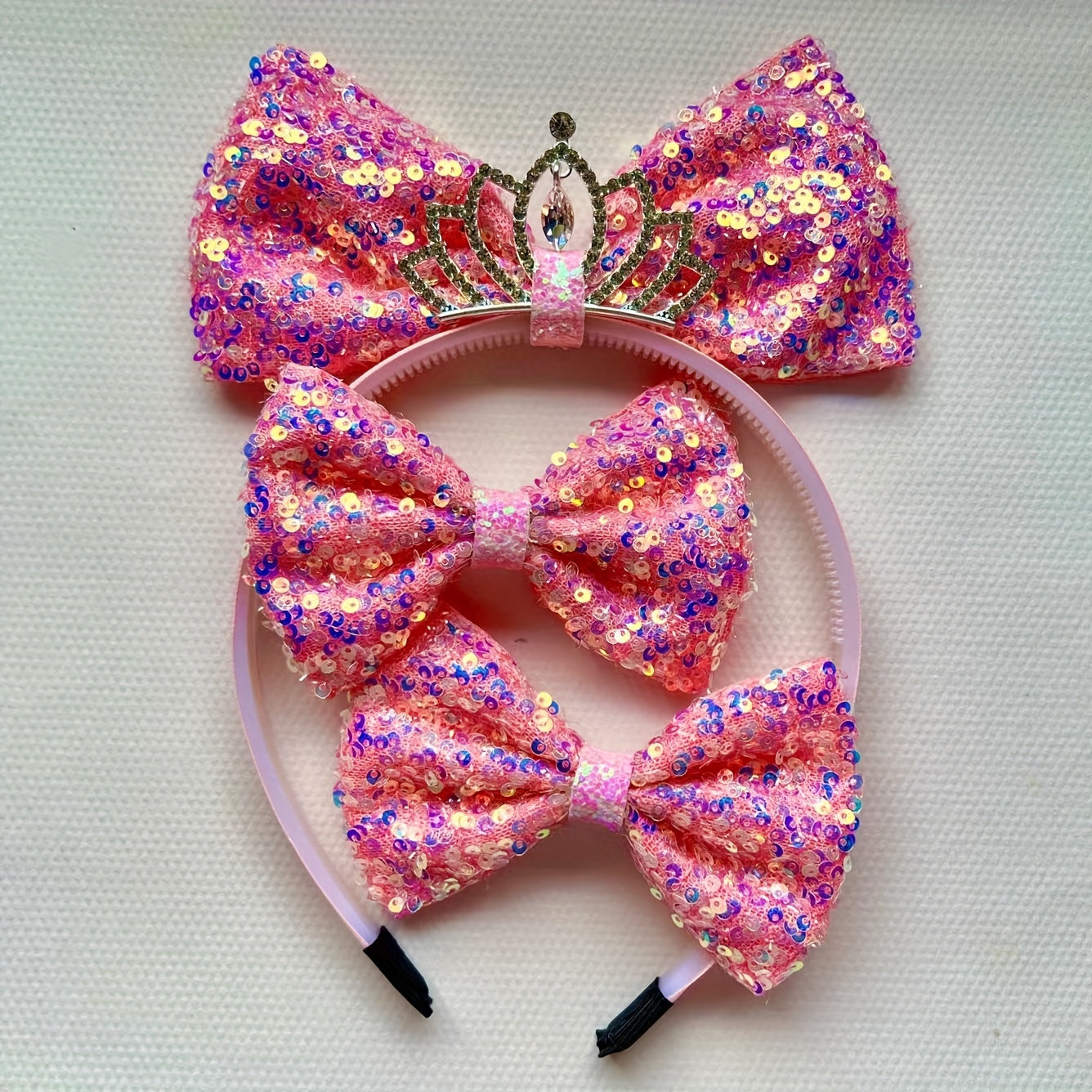 Sequin Bow Crown Hair Hoop & Hair Clips for Girls