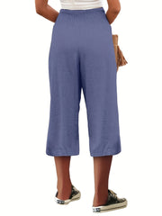 Solid Shirred Wide Leg Capris Pants Casual Loose Pants