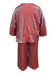 Solid Long Sleeve Top & Wide Leg Pants Two Piece Set