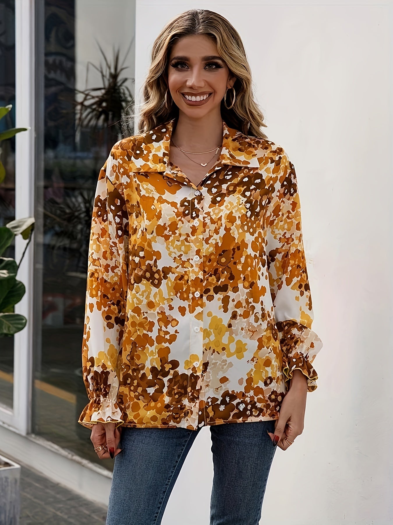 Casual Blouse Lantern Sleeve Turn Down Collar Blouse