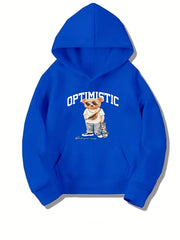 Skateboard Bear & OPTIMISTIC Letter Boys Hooded Sweatshirt