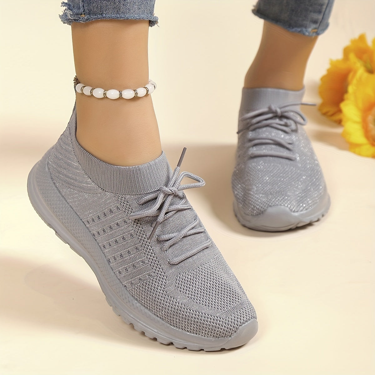 Women's Solid Knit Walking Shoes Lace Up Gym Athletic Sneakers