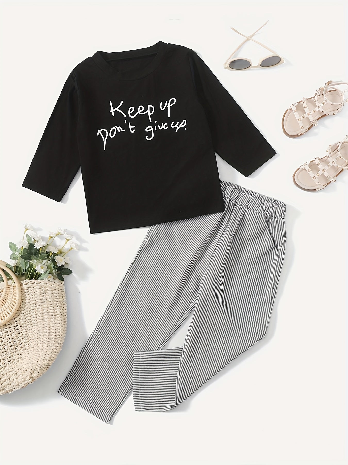 Girl's Casual 2pcs Pullover & Stripe Pants Set Spring Fall Outfits