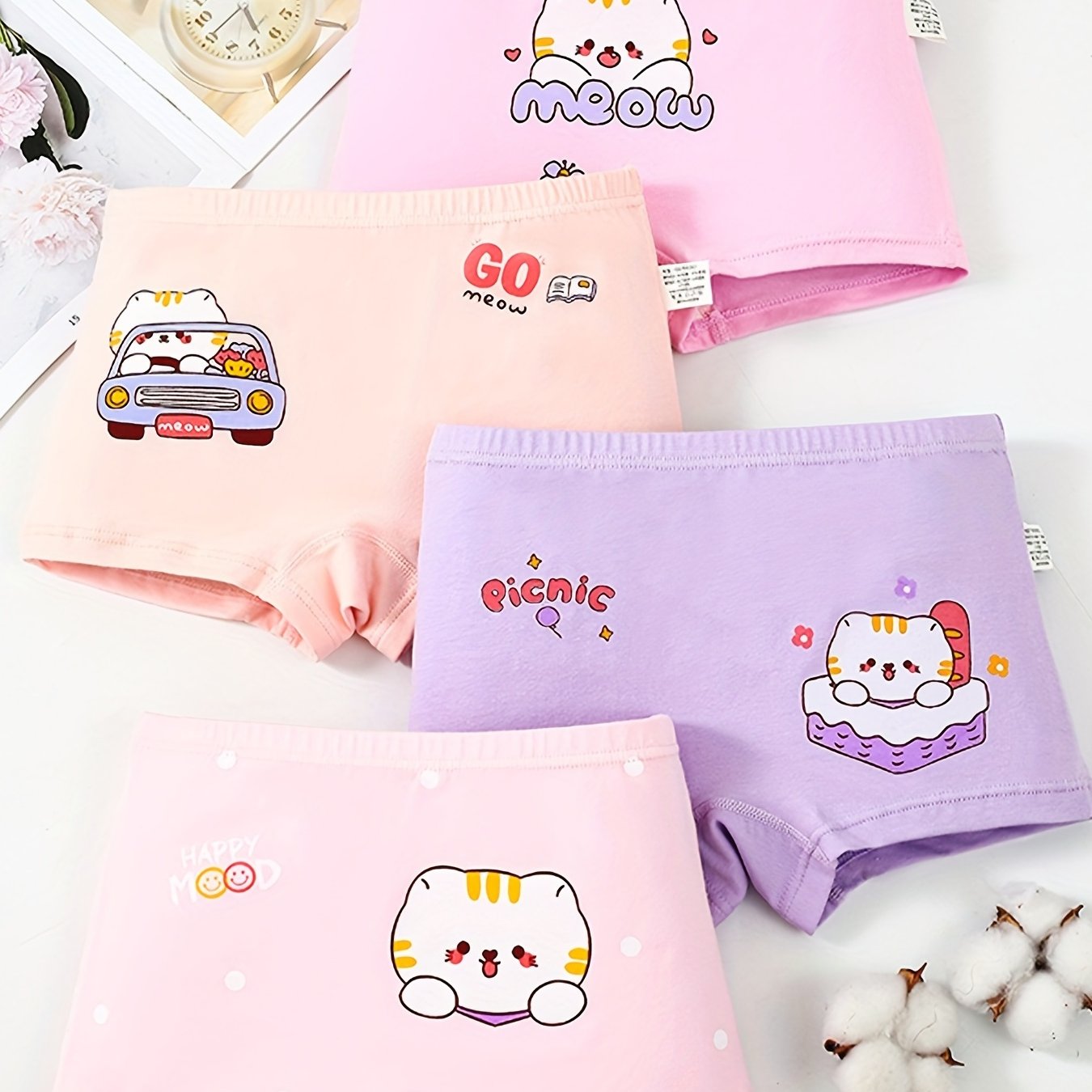 4 Pack Girls Cotton Boxer Shorts Cat Printed Underwear for Kids