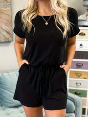 Drawstring Waist Romper Jumpsuit Short Sleeve Casual