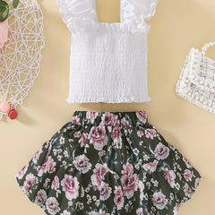 Cotton Flutter Sleeve Top & Flower Print Skirt Set