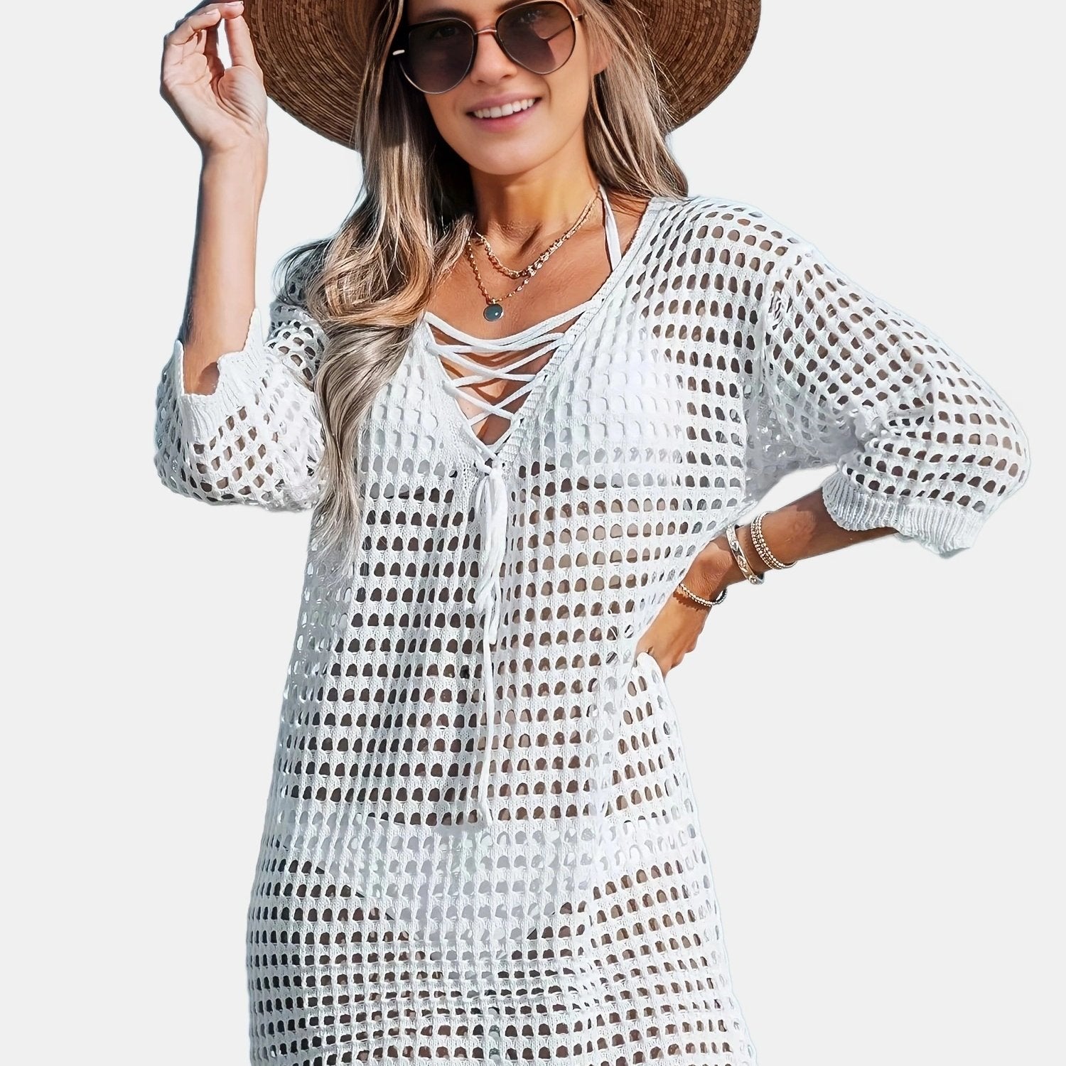 Scallop Trim Criss Cross Cover Up Dress Solid Tie Front 3 4 Sleeve