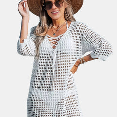 Scallop Trim Criss Cross Cover Up Dress Solid Tie Front 3 4 Sleeve