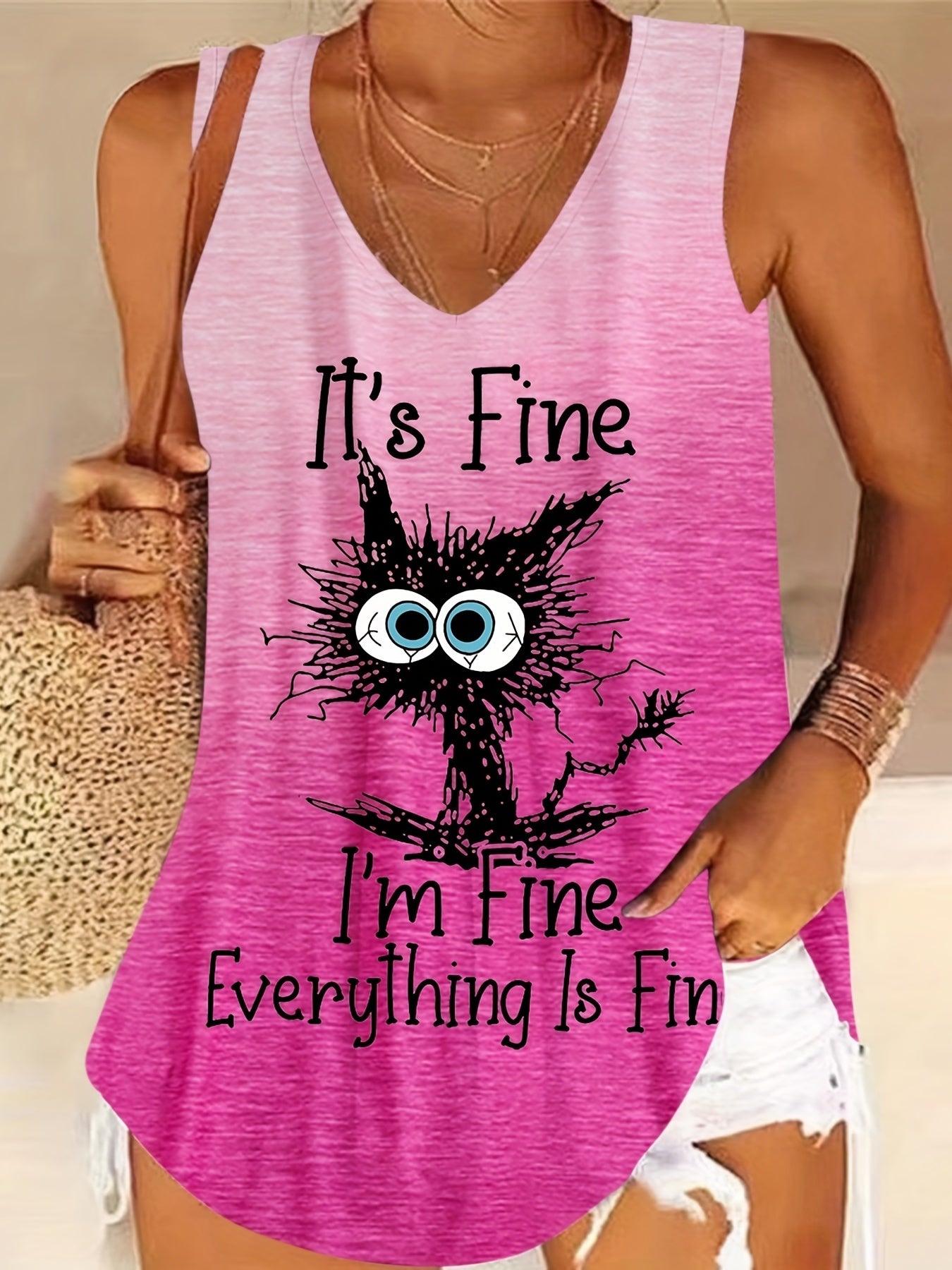 Cat Prin Gradient V Neck Tank Top for Women