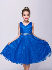Girls Sleeveless V-neck Lace Flowers Rhinestone Princess Dress