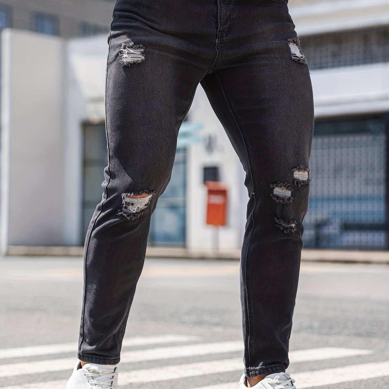 Slim Fit Ripped Jeans Men's Distressed Mid Stretch Denim Pants