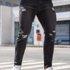 Slim Fit Ripped Jeans Men's Distressed Mid Stretch Denim Pants