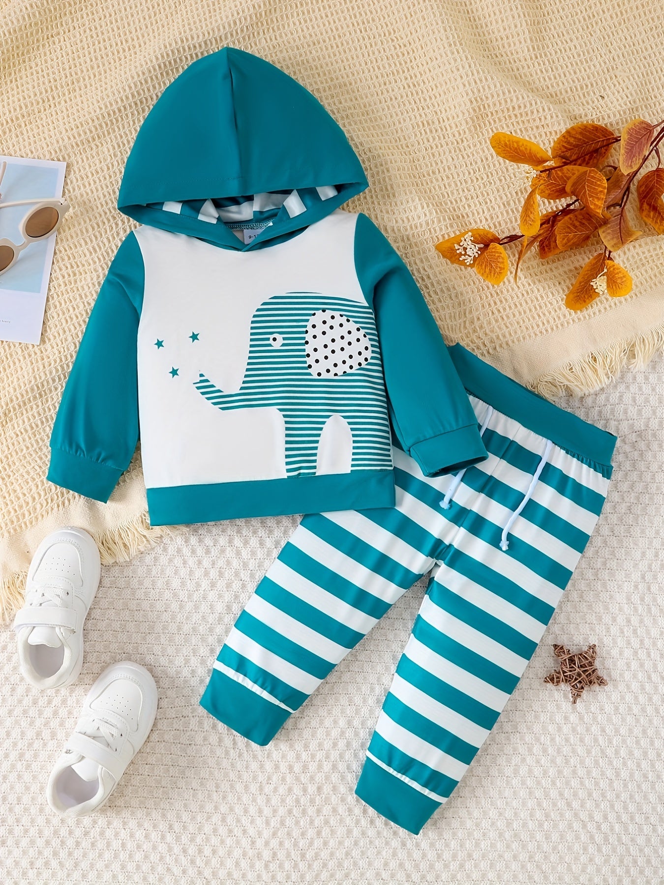 Baby Elephant Print Hooded Sweatshirt Striped Pants Set