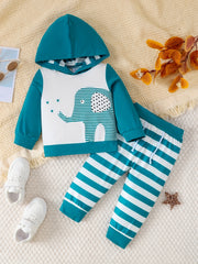 Baby Elephant Print Hooded Sweatshirt Striped Pants Set