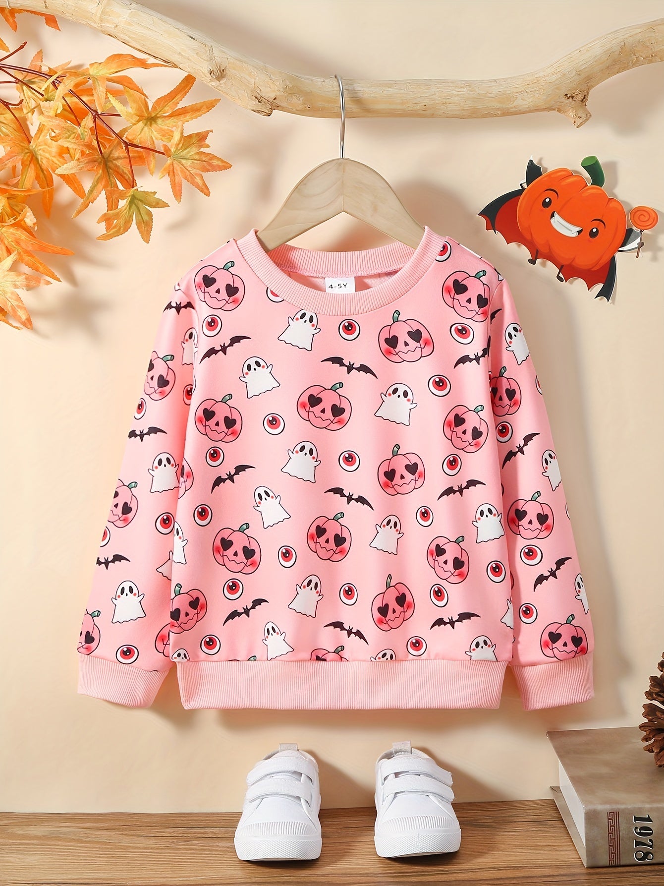 Girls Pumpkin Print Sweatshirt Long Sleeve Pullover Top