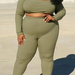 Women's Plus Ribbed Halter Neck Crop Top & Oversleeve & Pants Set
