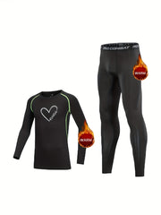 2pcs Kids Fleece Compression Sets Heart Print Crew Neck Pullover Matching Pants