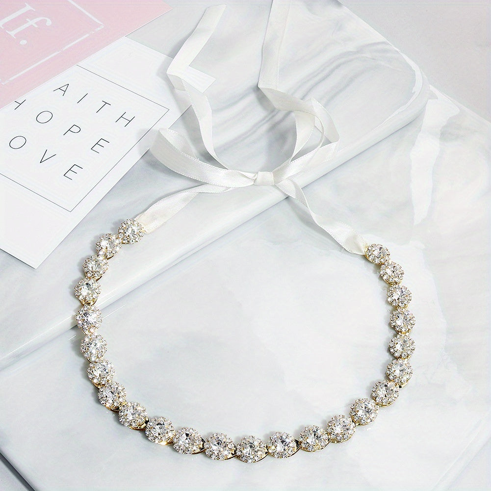 Crystal Headband Rhinestone Head Piece Satin Ribbon Hair Accessories