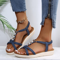 Boho Style Pearl Strap Flat Sandals Slip On T-Strap Beach Sandals