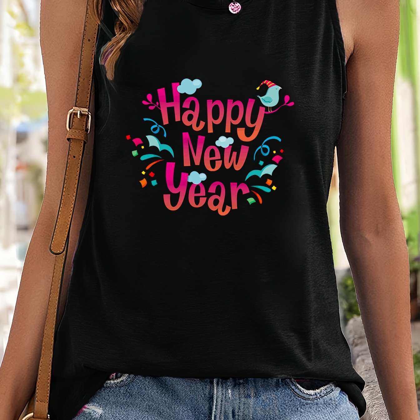 Year Letter Print Sleeveless Sports Vest Round Neck Casual Tops