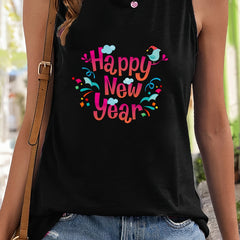 Year Letter Print Sleeveless Sports Vest Round Neck Casual Tops