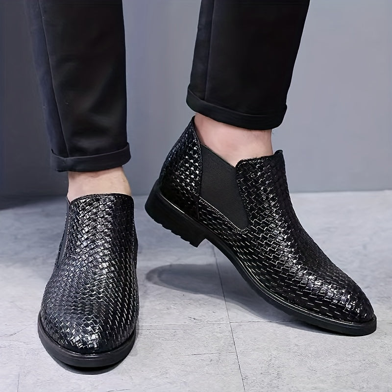Men's Woven Effect PU Leather Chelsea Boots Slip on Shoes