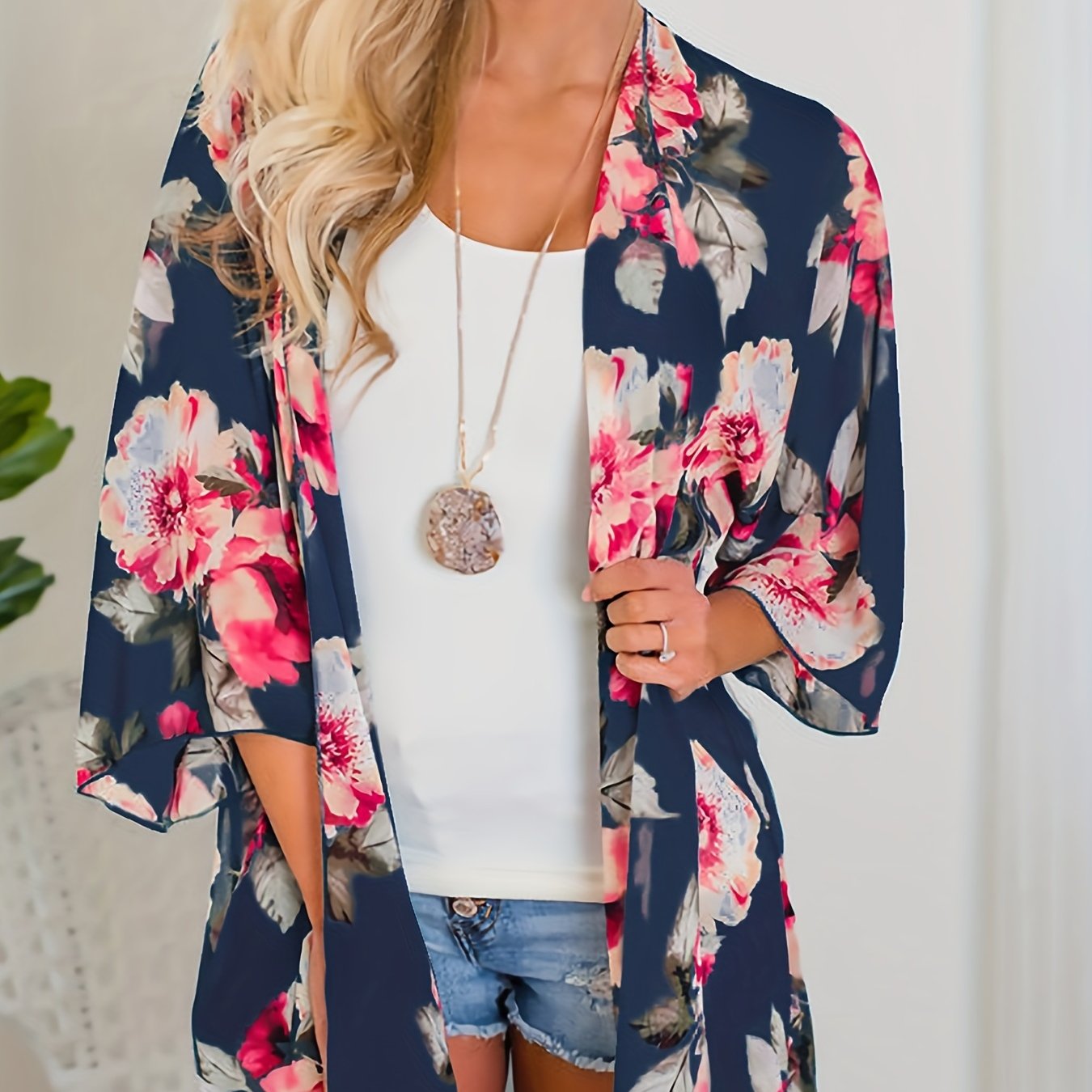 Floral Print Cover Up Shirt V Neck Loose Fit Semi Sheer Long Sleeves
